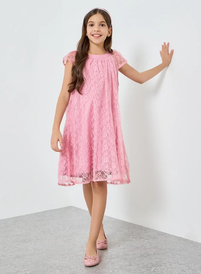 Styli Girls Pink Lace Short Sleeve Dress